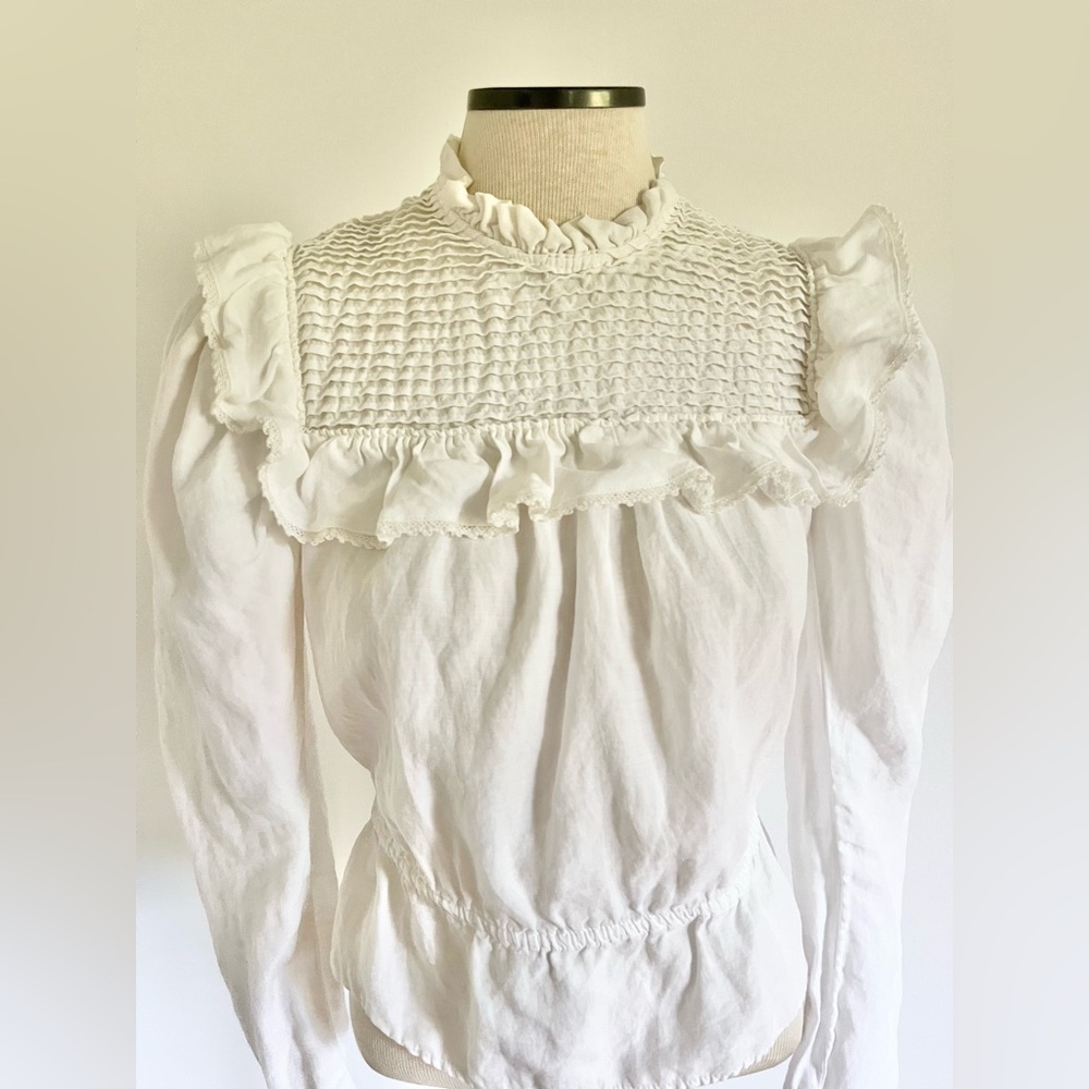 MNG White Linen Smocked Blouse Puff Sleeve Ruffle Neck Vintage-Inspired Crop Top - Picture 6 of 8